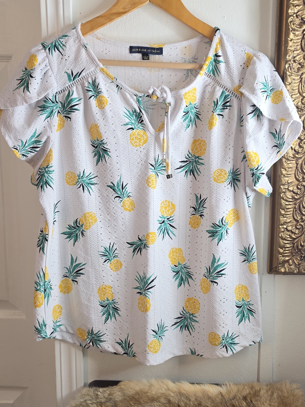 Adrienne Vittadini White Pineapple Print Eyelet Tie-Neck Top